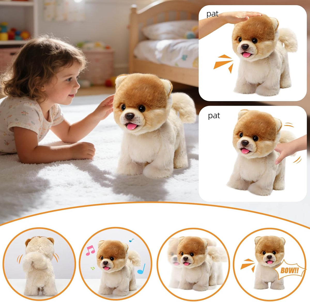 Interactive Plush Pomeranian Dog Toy with Nodding, Barking and Wagging Tail