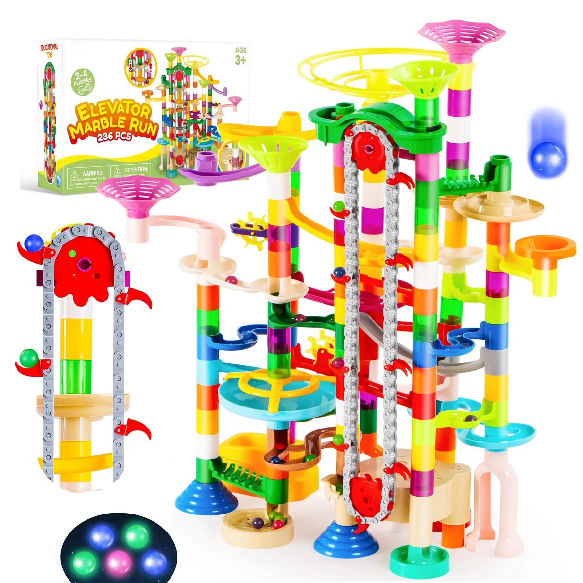 Joyfy 236Pcs Glowing Marble Run with Motorized Elevator, Construction Building Blocks Toys, STEM Toys Gifts for Boys Girls 3 4 5 6 7 8 Years Old
