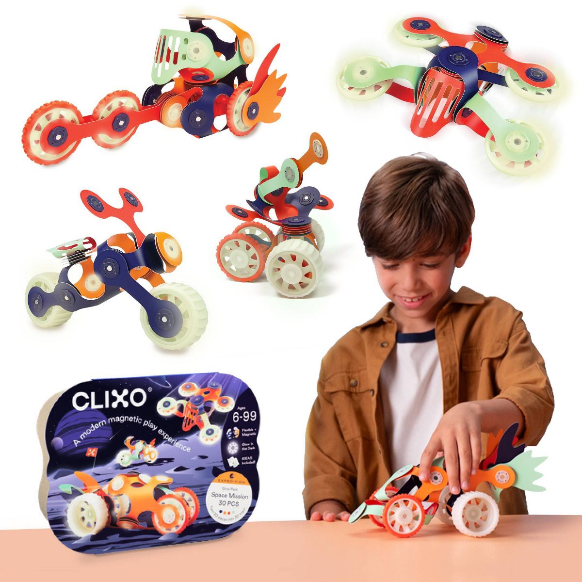 Clixo Space Mission Pack: Glow in the Dark Magnetic Building Toy 30pc for Ages 6+