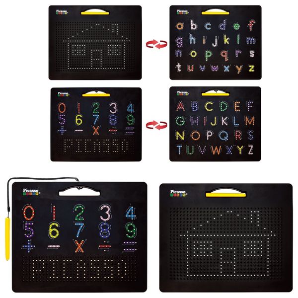 PICASSO-TILES 2-in-1 Magnetic Drawing Board 12x10 Inch Bead Pad with Alphabet & Math, STEM Educational Toy, Reusable Erasable Writing Tablet for Kids