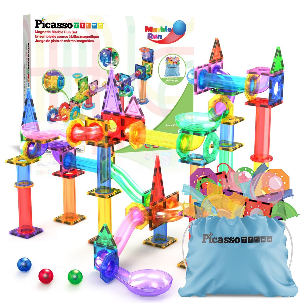 PICASSO-TILES Marble Run Magnetic Tiles for Kids – 108PCS STEM Educational Construction Building Blocks Race Track Toy Set