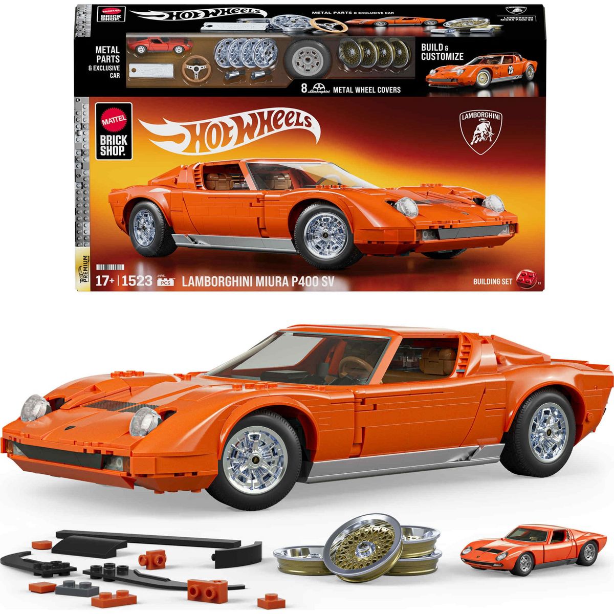 Mattel Brick Shop Hot Wheels '71 Lamborghini Miura P400 SV Building Toy Kit 1523pc, for Collectors