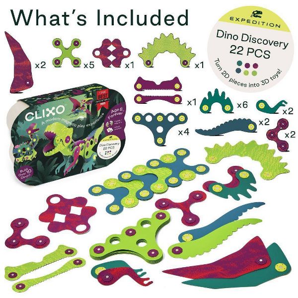 Clixo Dino Discovery Magnetic Set: 22 Flexible Piece STEM Building Set for Kids Ages 6+