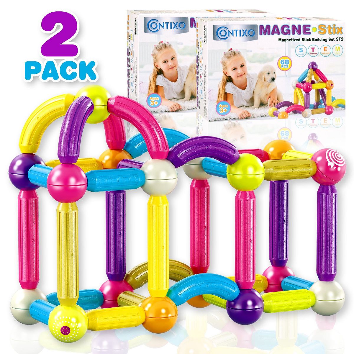 Contixo ST2-2packs Kids Magnetic Stix Stick, 68 PCS 3D STEM Building Blocks Construction Set, Educational Toy for Boys & Girls Ages 3+