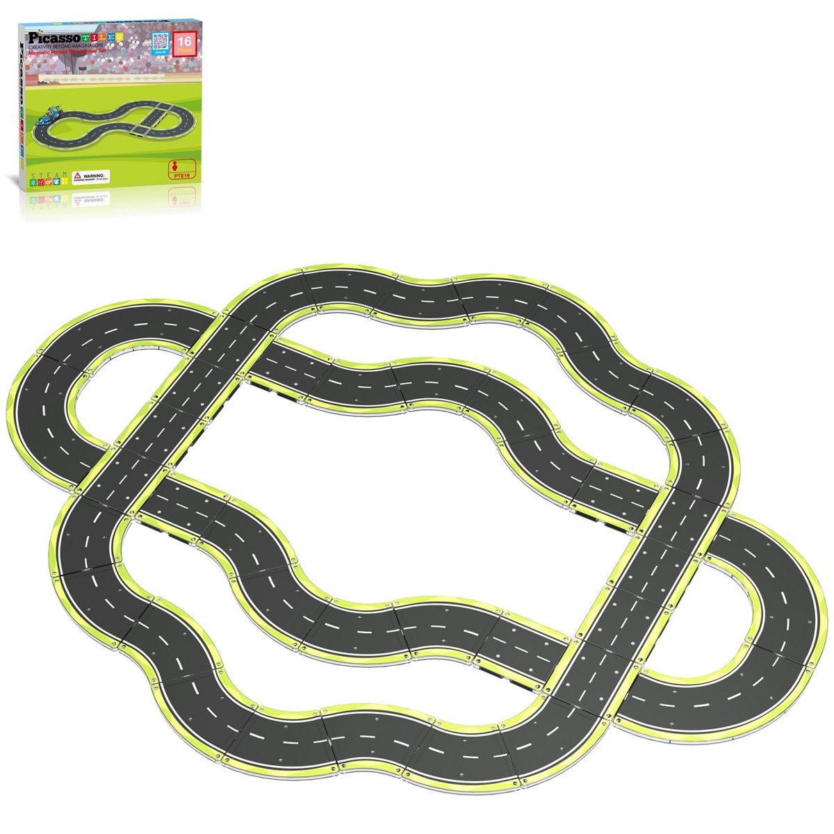 PICASSO-TILES Race Track Highway Magnetic Tiles Set for Kids, STEM Building Blocks, Educational Toy, Creative Construction Playset