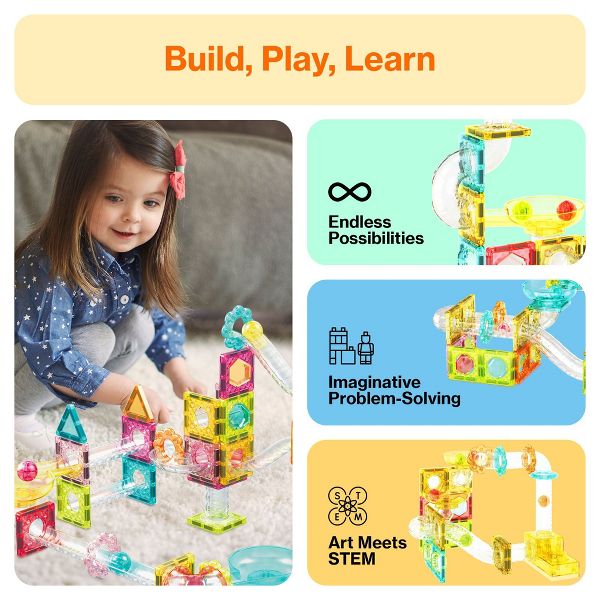 PICASSO-TILES Mini Marble Run Magnetic Tiles for Kids – 60PCS STEM Building Blocks Race Track, Educational Travel Construction Toy Set