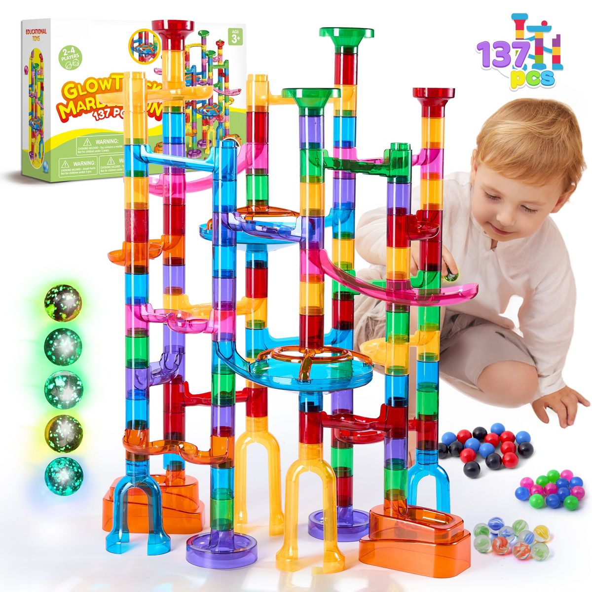 Joyfy 137Pcs Kids Glowing Marble Run Toddler Construction STEM Toy with 15 Glow in The Dark Marbles, Christmas Birthday Gift for Boys Girls Age 3-8