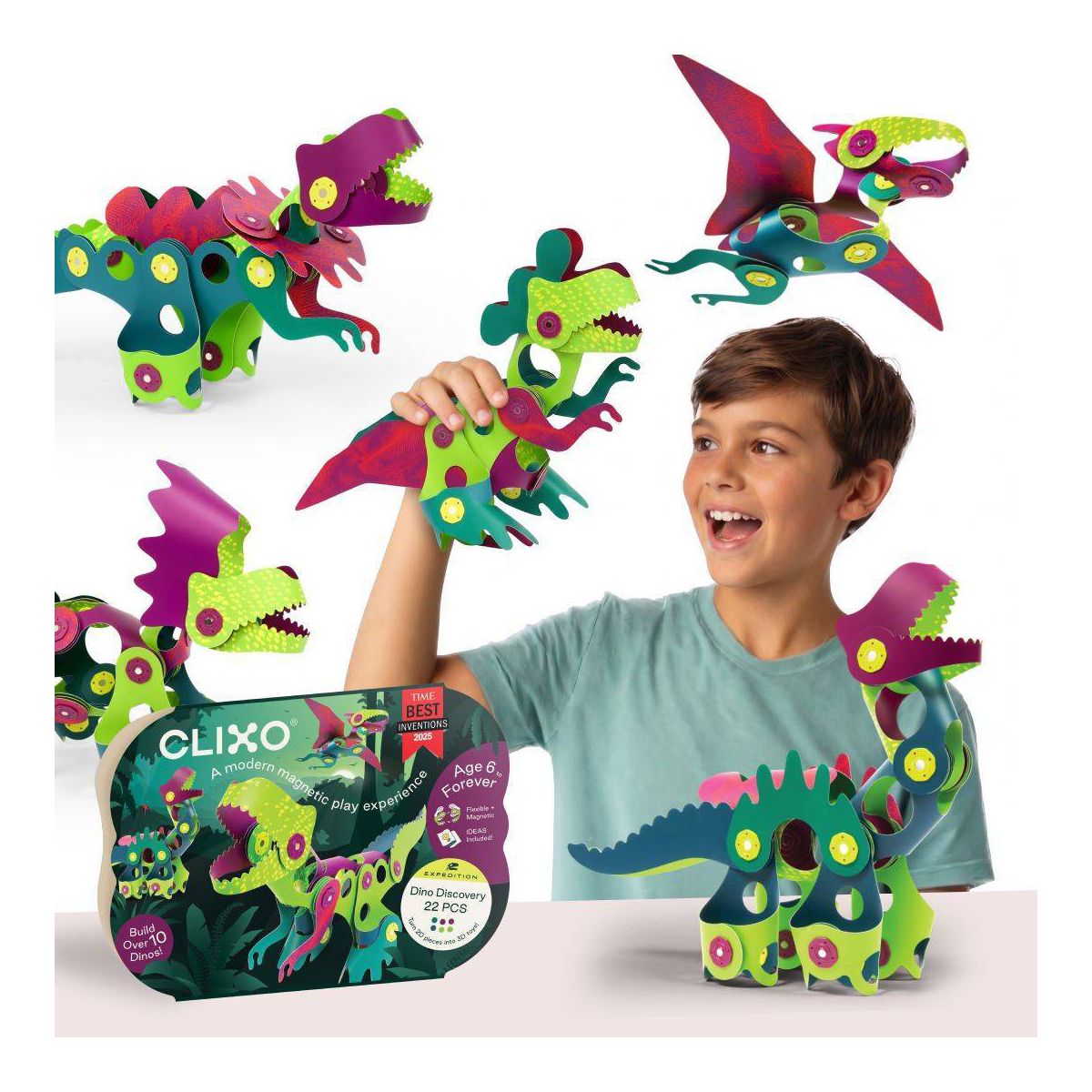 Clixo Dino Discovery Magnetic Set: 22 Flexible Piece STEM Building Set for Kids Ages 6+