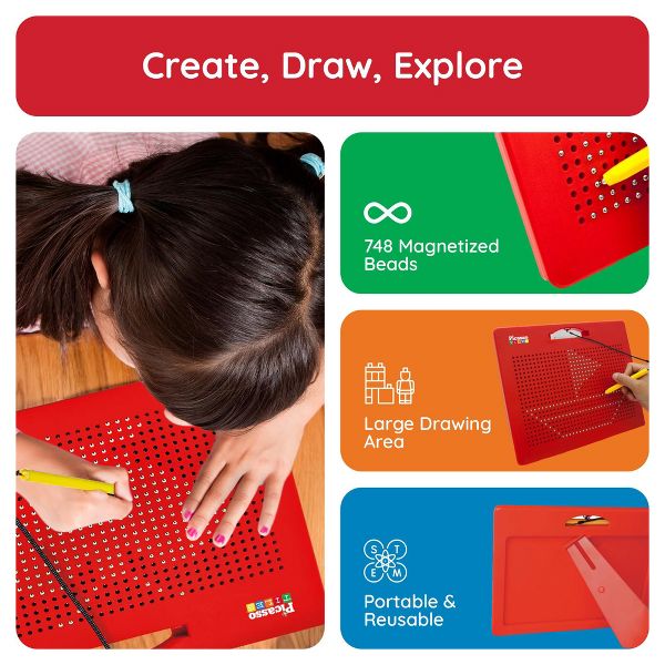 PICASSO-TILES 2-in-1 Magnetic Drawing Board 12x10 Inch Bead Pad with Alphabet & Math, STEM Educational Toy, Reusable Erasable Writing Tablet for Kids