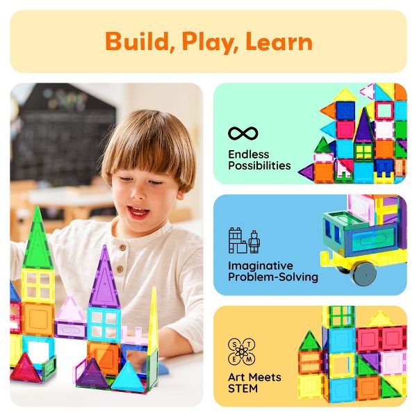 PICASSO-TILES 101PCS Magnetic Tiles for Kids - STEM Building Blocks, Construction Toy, Educational Creative Play Set Toddlers Preschool Boys & Girls
