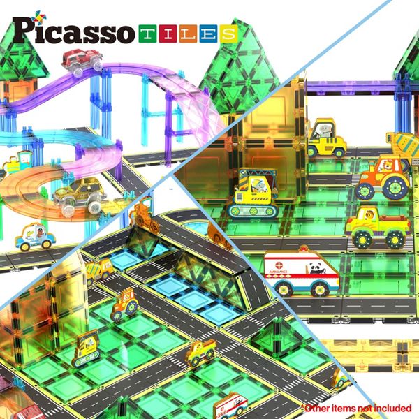 PICASSO-TILES Race Track Highway Magnetic Tiles Set for Kids, STEM Building Blocks, Educational Toy, Creative Construction Playset