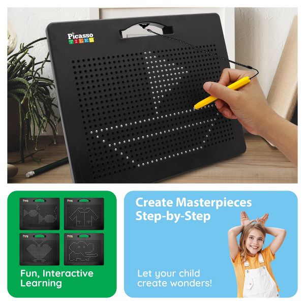 PICASSO-TILES 2-in-1 Magnetic Drawing Board 12x10 Inch Bead Pad with Alphabet & Math, STEM Educational Toy, Reusable Erasable Writing Tablet for Kids