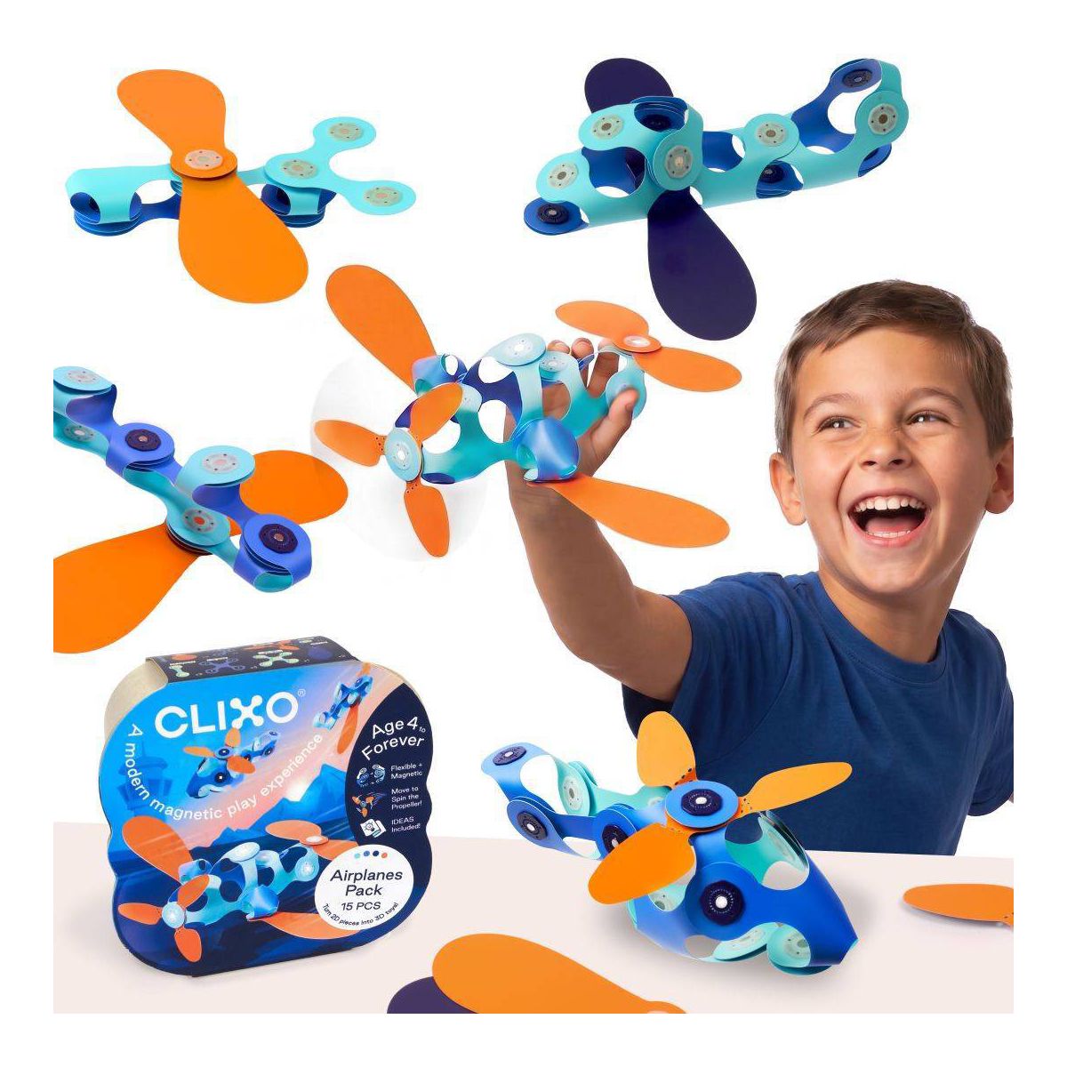 Clixo Airplanes Magnetic Set: 15 Flexible Piece STEM Building Set for Kids Ages 6+