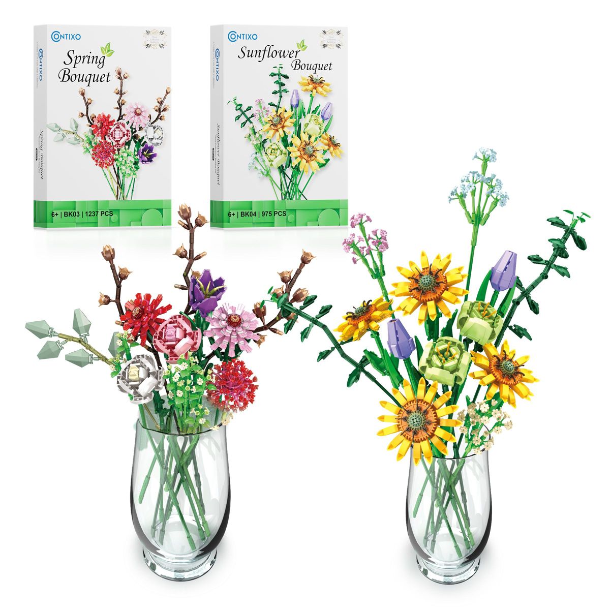 Contixo Floral Collection Building Block Set, 2-Set Botanical Collection, Flowers Building Blocks, 3D Flower Building Toys For Kids 6 Years Old Up