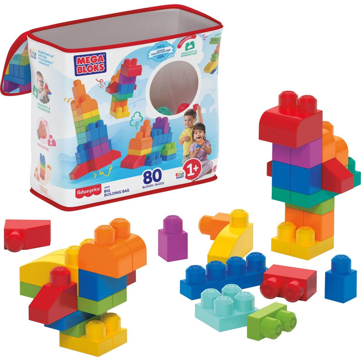 MEGA BLOKS First Builders Big Building Bag Toy Blocks with Blue Storage Bag for Toddler - 80pc