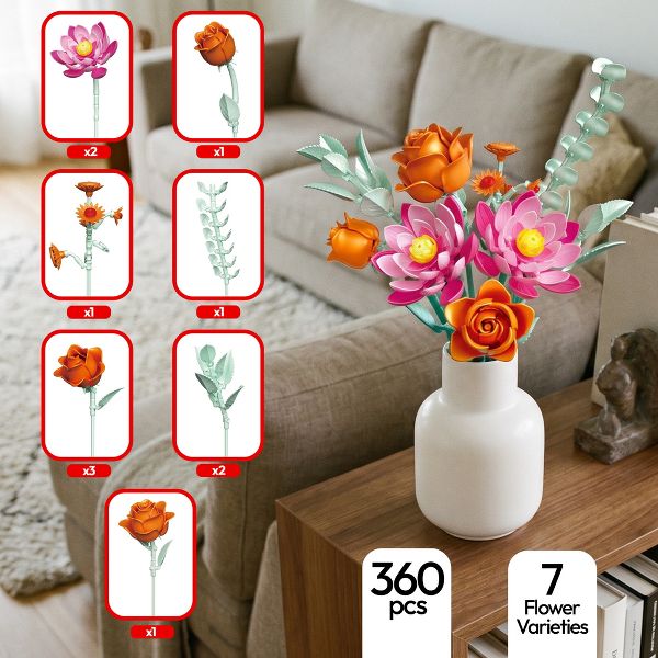 Contixo Bouquet Of Rose & Lotus, Flower Building Set for Kids & Adults - 360pc