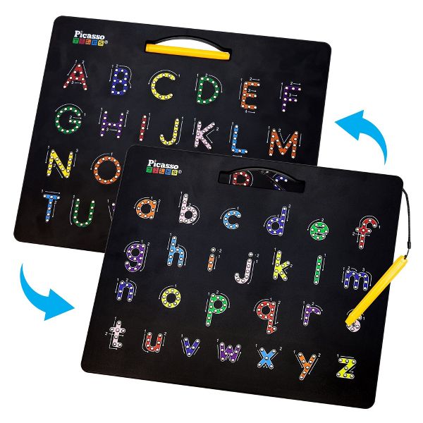 PICASSO-TILES 2-in-1 Magnetic Drawing Board 12x10 Inch Bead Pad with Alphabet & Math, STEM Educational Toy, Reusable Erasable Writing Tablet for Kids