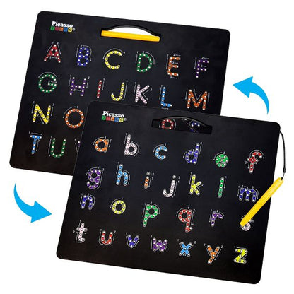 PICASSO-TILES 2-in-1 Magnetic Drawing Board 12x10 Inch Bead Pad with Alphabet & Math, STEM Educational Toy, Reusable Erasable Writing Tablet for Kids