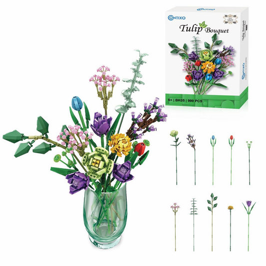Contixo BK05 Tulip Flower Bouquet Building Block Set, 999 PCS Floral Botanical Construction Toy Gift for Kids Boys Girls Ages 8-12 Adults