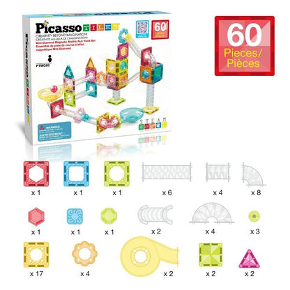 PICASSO-TILES Mini Marble Run Magnetic Tiles for Kids – 60PCS STEM Building Blocks Race Track, Educational Travel Construction Toy Set