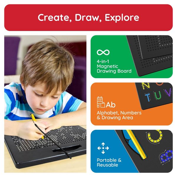 PICASSO-TILES 2-in-1 Magnetic Drawing Board 12x10 Inch Bead Pad with Alphabet & Math, STEM Educational Toy, Reusable Erasable Writing Tablet for Kids