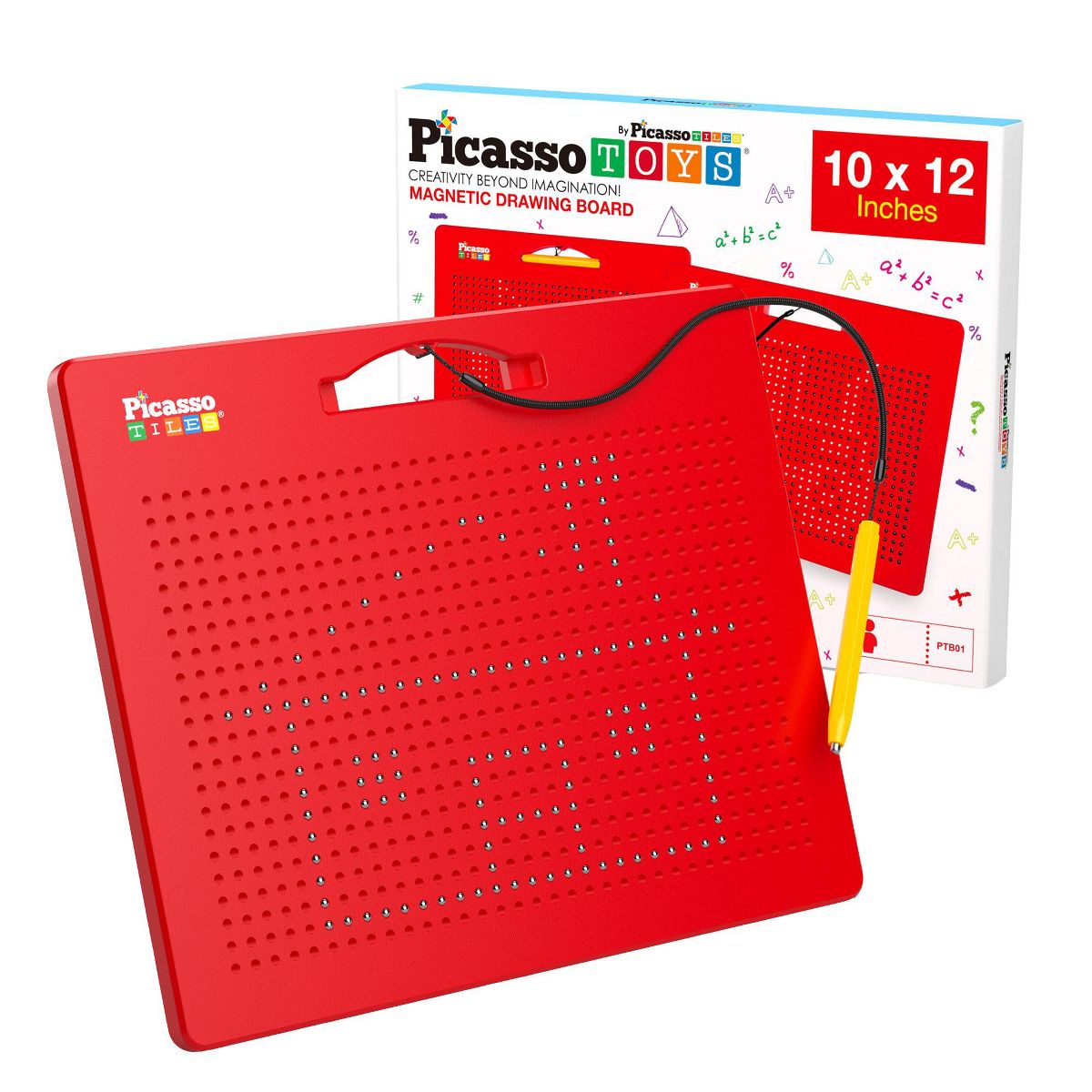 PICASSO-TILES 2-in-1 Magnetic Drawing Board 12x10 Inch Bead Pad with Alphabet & Math, STEM Educational Toy, Reusable Erasable Writing Tablet for Kids