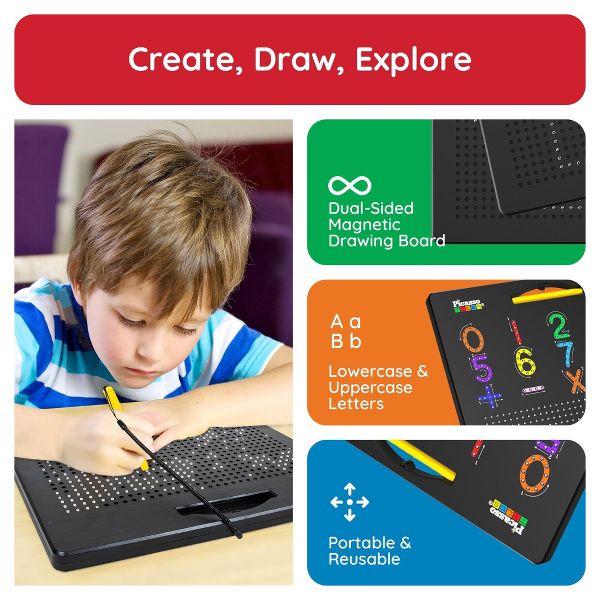 PICASSO-TILES 2-in-1 Magnetic Drawing Board 12x10 Inch Bead Pad with Alphabet & Math, STEM Educational Toy, Reusable Erasable Writing Tablet for Kids