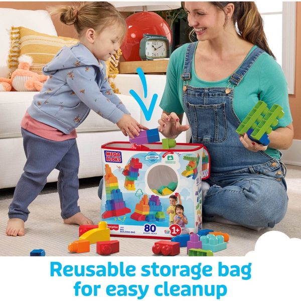 MEGA BLOKS First Builders Big Building Bag Toy Blocks with Blue Storage Bag for Toddler - 80pc