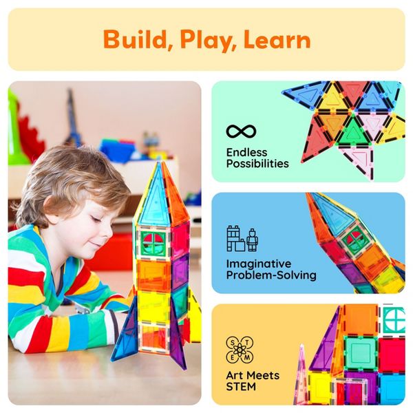 PICASSO-TILES 101PCS Magnetic Tiles for Kids - STEM Building Blocks, Construction Toy, Educational Creative Play Set Toddlers Preschool Boys & Girls