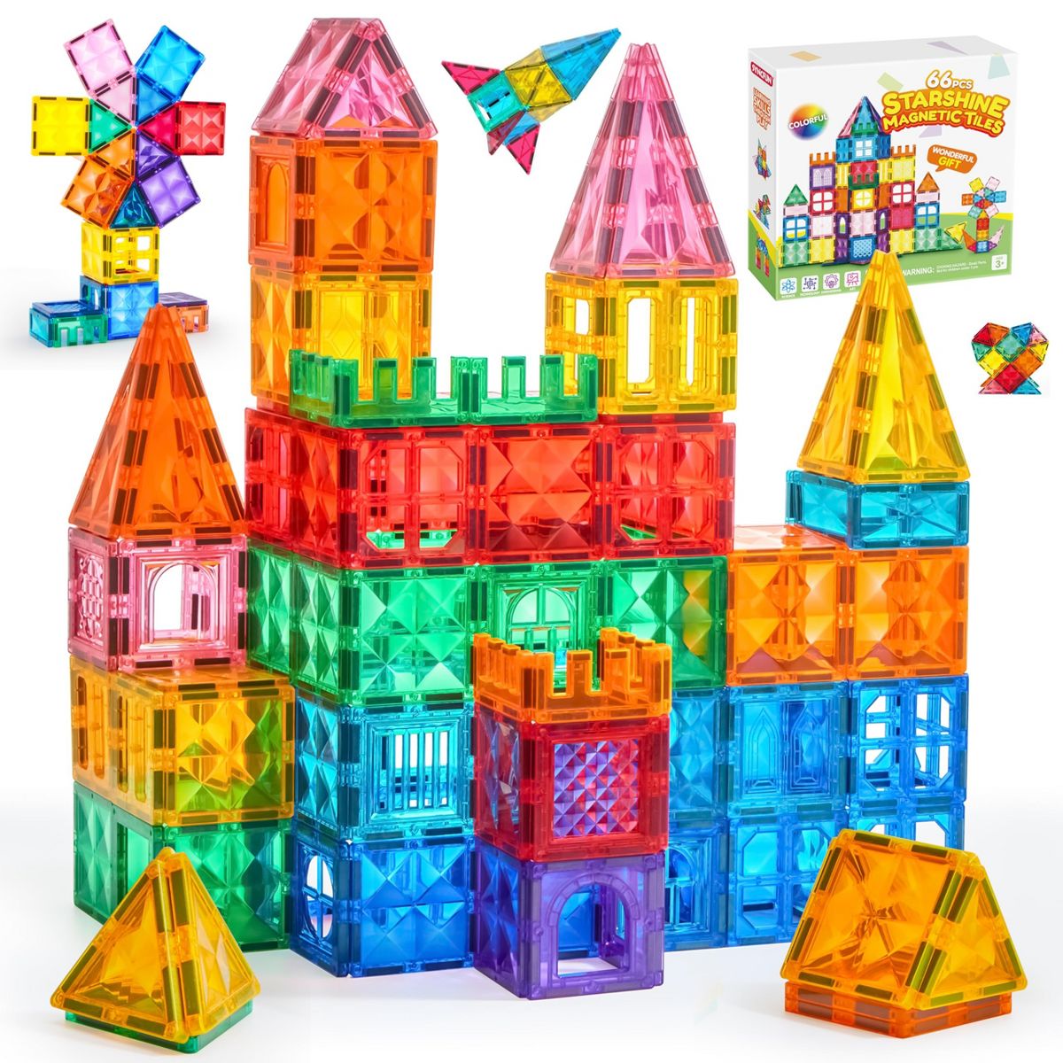 Joyfy 66PCS Magnetic Tiles Building Blocks for Kids Toddlers Construction STEM Toys Birthday Christmas Gift for 3 4 5 6 7 8 Year Old Boys & Girls