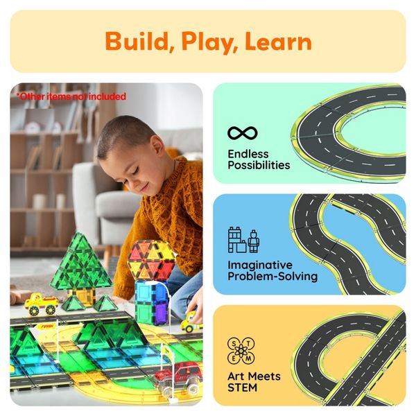 PICASSO-TILES Race Track Highway Magnetic Tiles Set for Kids, STEM Building Blocks, Educational Toy, Creative Construction Playset