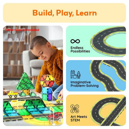 PICASSO-TILES Race Track Highway Magnetic Tiles Set for Kids, STEM Building Blocks, Educational Toy, Creative Construction Playset