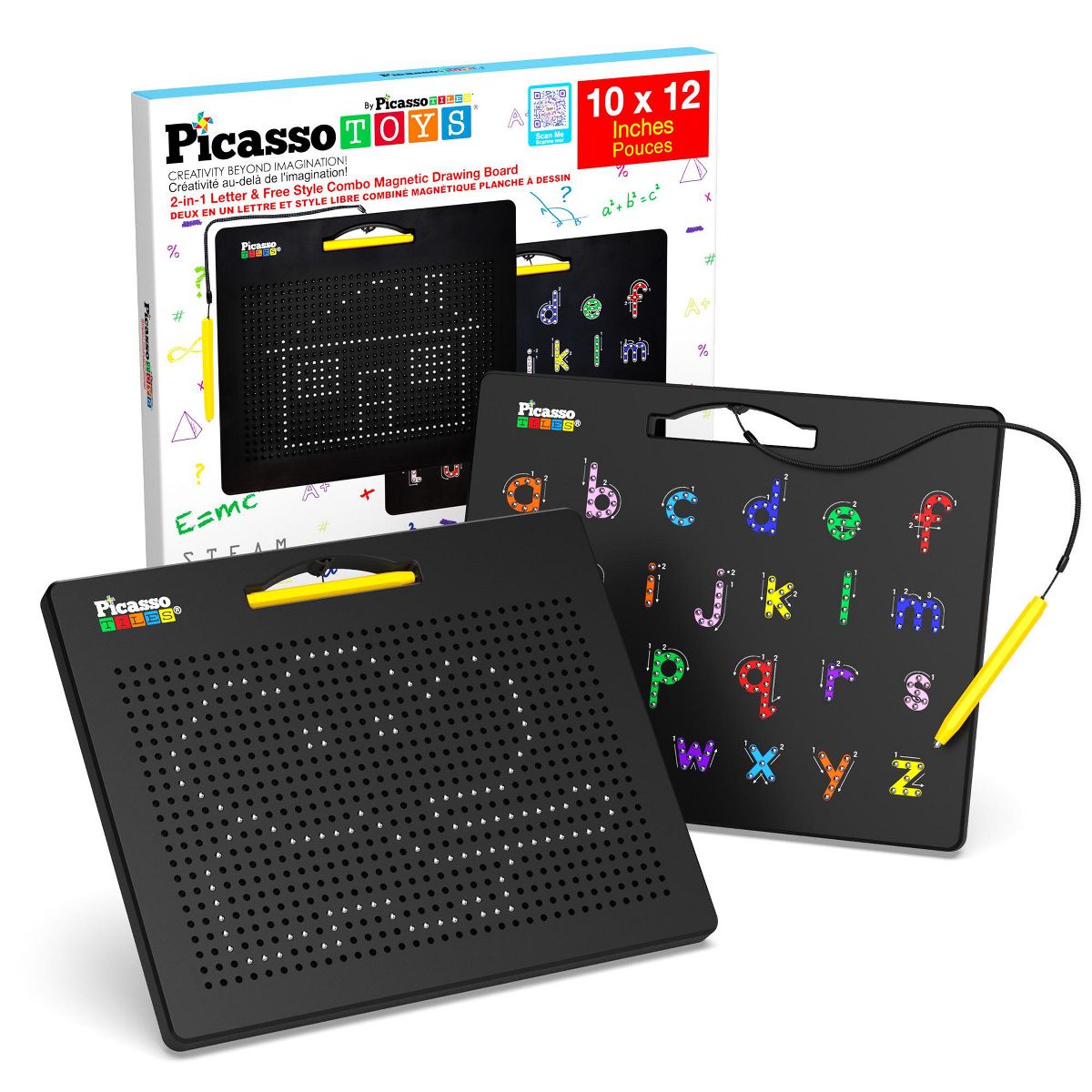 PICASSO-TILES 2-in-1 Magnetic Drawing Board 12x10 Inch Bead Pad with Alphabet & Math, STEM Educational Toy, Reusable Erasable Writing Tablet for Kids