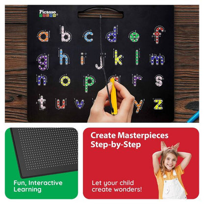 PICASSO-TILES 2-in-1 Magnetic Drawing Board 12x10 Inch Bead Pad with Alphabet & Math, STEM Educational Toy, Reusable Erasable Writing Tablet for Kids