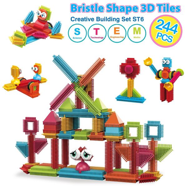 Contixo ST7 STEM Building Blocks Set, 244 Pcs Bristle Shape 3D Educational Construction Toy for Kids Ages 3-8, Creativity, Learning, Safe & Durable