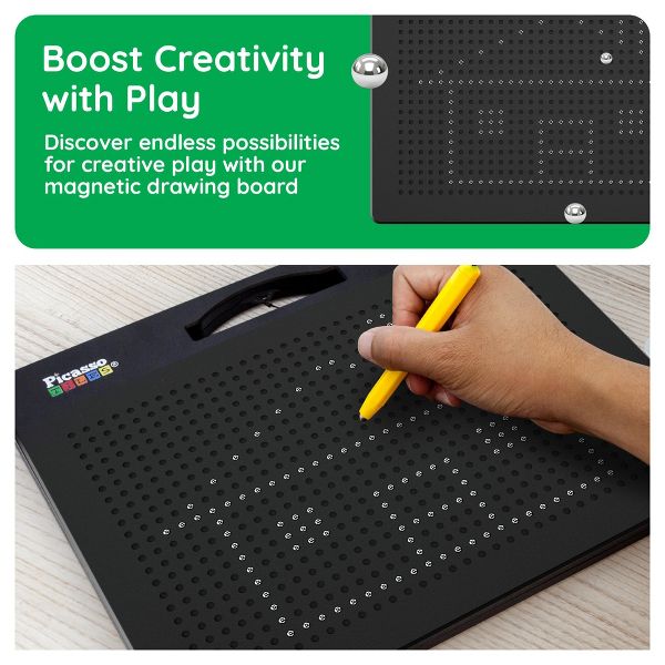 PICASSO-TILES 2-in-1 Magnetic Drawing Board 12x10 Inch Bead Pad with Alphabet & Math, STEM Educational Toy, Reusable Erasable Writing Tablet for Kids