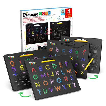 PICASSO-TILES 2-in-1 Magnetic Drawing Board 12x10 Inch Bead Pad with Alphabet & Math, STEM Educational Toy, Reusable Erasable Writing Tablet for Kids