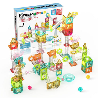 PICASSO-TILES Mini Marble Run Magnetic Tiles for Kids – 60PCS STEM Building Blocks Race Track, Educational Travel Construction Toy Set