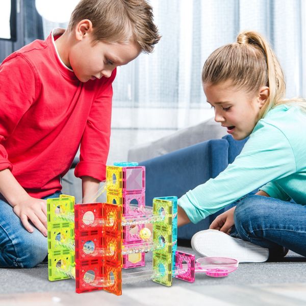 PICASSO-TILES Mini Marble Run Magnetic Tiles for Kids – 60PCS STEM Building Blocks Race Track, Educational Travel Construction Toy Set