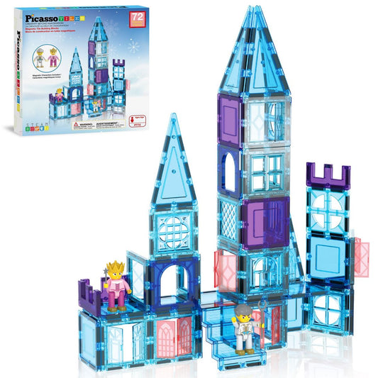 PICASSO-TILES Magnetic Tiles Toy for Kids, Ice Winter Castle Theme 72 PC STEM Educational Building Blocks with Princess Prince Character