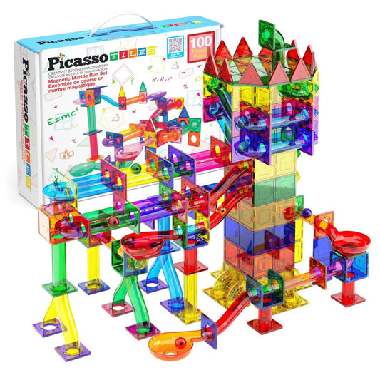 PICASSO-TILES Marble Run Magnetic Tiles for Kids – 100PCS STEM Educational Construction Building Blocks Race Track Creative Learning Toy Set