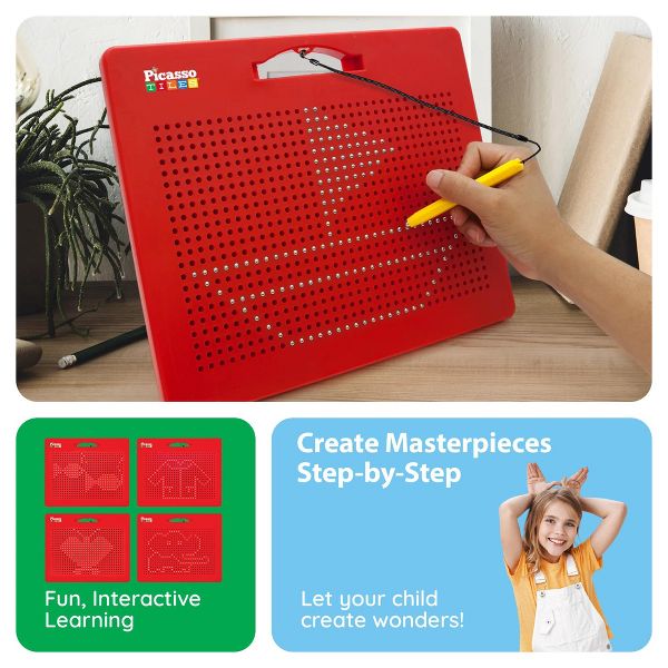 PICASSO-TILES 2-in-1 Magnetic Drawing Board 12x10 Inch Bead Pad with Alphabet & Math, STEM Educational Toy, Reusable Erasable Writing Tablet for Kids