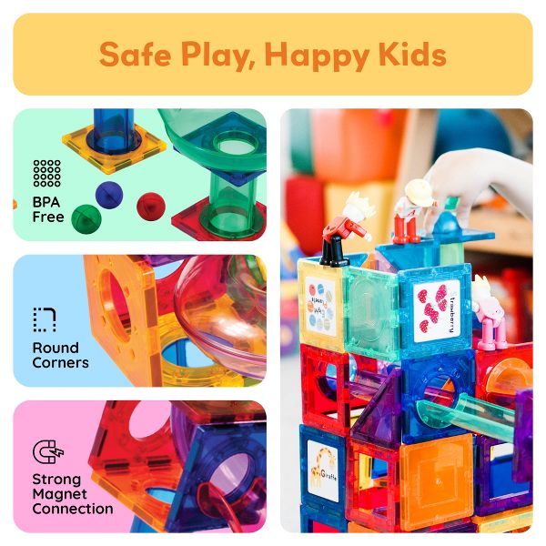 PICASSO-TILES Marble Run Magnetic Tiles for Kids – 100PCS STEM Educational Construction Building Blocks Race Track Creative Learning Toy Set