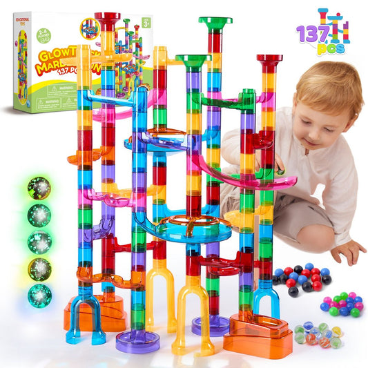 Joyfy 137Pcs Kids Glowing Marble Run Toddler Construction STEM Toy with 15 Glow in The Dark Marbles, Christmas Birthday Gift for Boys Girls Age 3-8