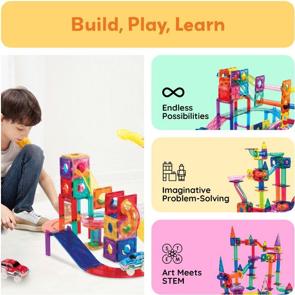 PICASSO-TILES Marble Run Magnetic Tiles for Kids – 108PCS STEM Educational Construction Building Blocks Race Track Toy Set