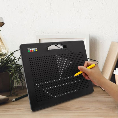 PICASSO-TILES 2-in-1 Magnetic Drawing Board 12x10 Inch Bead Pad with Alphabet & Math, STEM Educational Toy, Reusable Erasable Writing Tablet for Kids