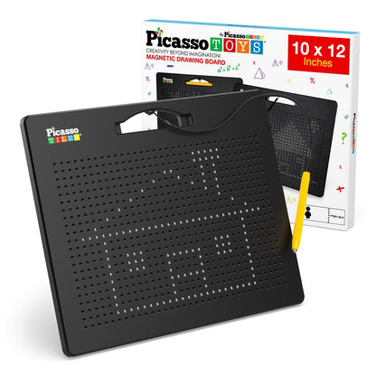 PICASSO-TILES 2-in-1 Magnetic Drawing Board 12x10 Inch Bead Pad with Alphabet & Math, STEM Educational Toy, Reusable Erasable Writing Tablet for Kids