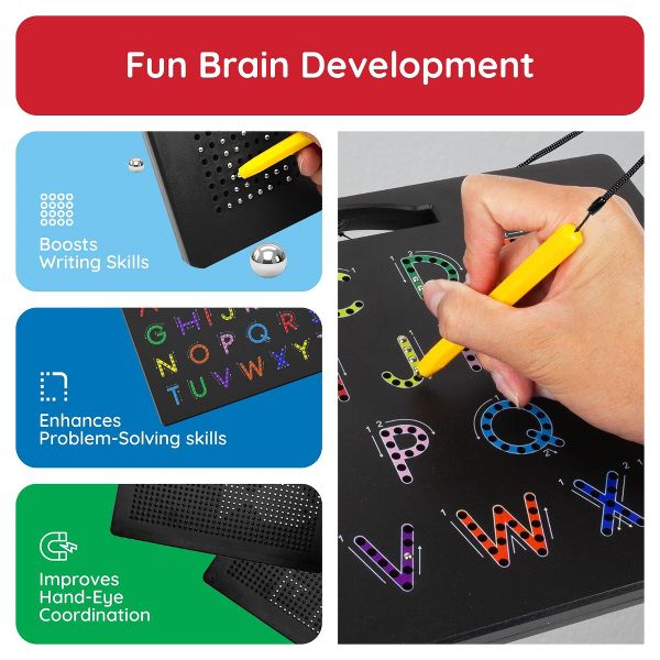 PICASSO-TILES 2-in-1 Magnetic Drawing Board 12x10 Inch Bead Pad with Alphabet & Math, STEM Educational Toy, Reusable Erasable Writing Tablet for Kids