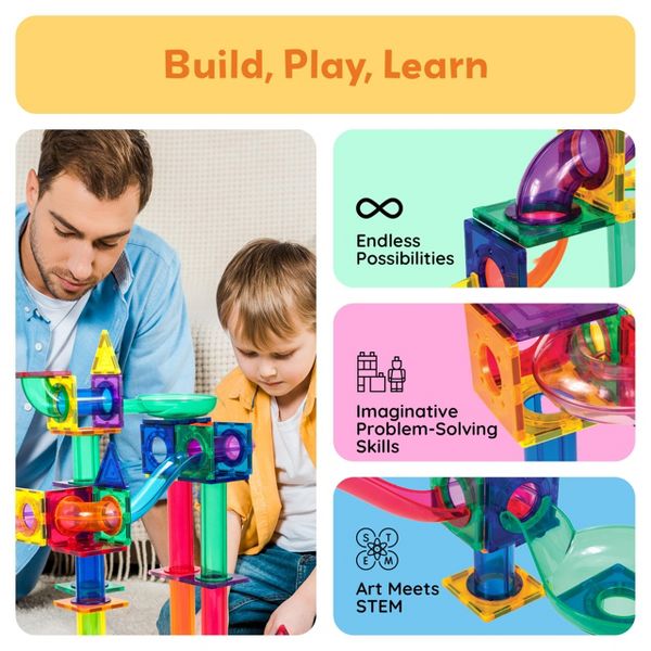 PICASSO-TILES Marble Run Magnetic Tiles for Kids – 100PCS STEM Educational Construction Building Blocks Race Track Creative Learning Toy Set