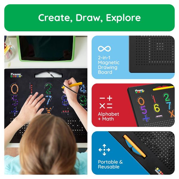 PICASSO-TILES 2-in-1 Magnetic Drawing Board 12x10 Inch Bead Pad with Alphabet & Math, STEM Educational Toy, Reusable Erasable Writing Tablet for Kids